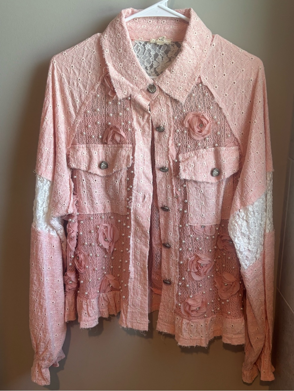 POL Pink Lace & Pearl Embellished Jacket